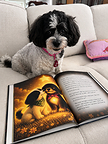 Lucy, the real Peekapoo whose lifelong bond with Bella inspired Bella’s Light, pictured with the hardcover edition of the book.