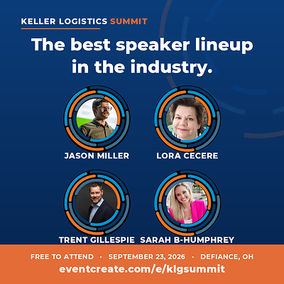 The best speaker line-up in the industry. Keller Logistics Summit, September 23, Defiance Ohio. Jason Miller, Lora Cecere, Sarah Barnes-Humphrey, Trent Gillespie.