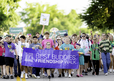Best Buddies Founder Anthony Kennedy Shriver and student leaders participate in the Friendship Walk during the annual Best Buddies Leadership Conference at Indiana University in Bloomington, Indiana.
