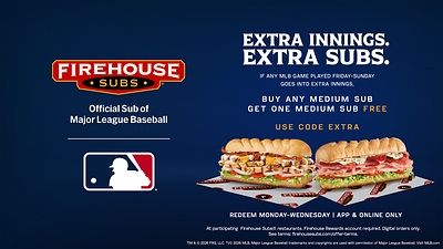 Firehouse Subs, the Official Sub of MLB across the United States and Canada, launches ‘Extra Innings, Extra Subs’ - a season-long promotion celebrating the second half of baseball season and rewarding fans all summer long. For more information, visit Firehousesubs.com.