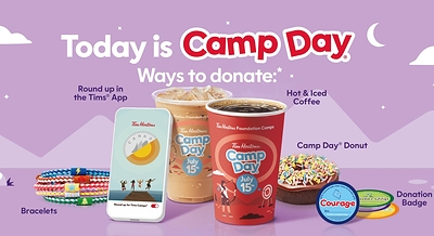 Tim Hortons® Camp Day® is back today with 100% of all hot and iced coffee proceeds donated* to Tim Hortons Foundation Camps!