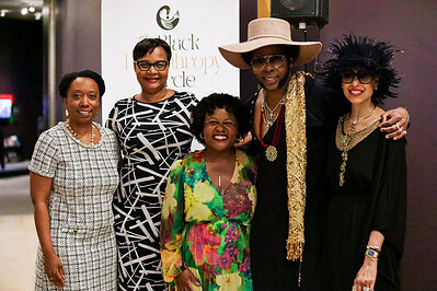 From left: Shanaysha Sauls, president and CEO of the Baltimore Community Foundation; Savonne Ferguson and Alicia Wilson, co-founders of the Black Philanthropy Circle; and Guy Flynn and Nupur Parekh Flynn, at the Black Philanthropy Circle’s 2026 celebration at the Walters Art Museum. (Credit: Baltimore Community Foundation)