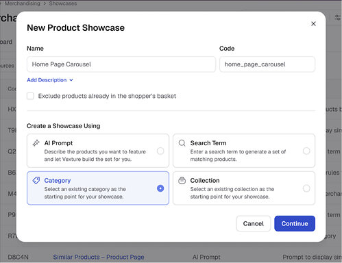 Expanded Vexture Merchandising gives merchants more ways to build and manage product showcases using AI prompts, search terms, categories, or collections Expanded Vexture Merchandising gives merchants more ways to build and manage product showcases using AI prompts, search terms, categories, or collections