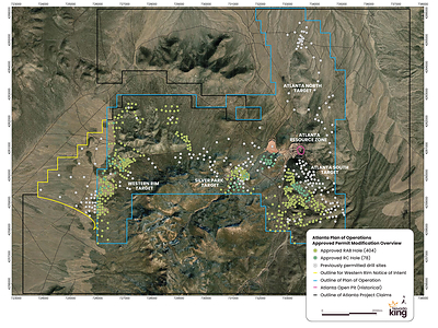 Figure 1. Atlanta property showing newly permitted RC and RAB drill site locations, as well as previously permitted drill site locations. Figure 1. Atlanta property showing newly permitted RC and RAB drill site locations, as well as previously permitted drill site locations.