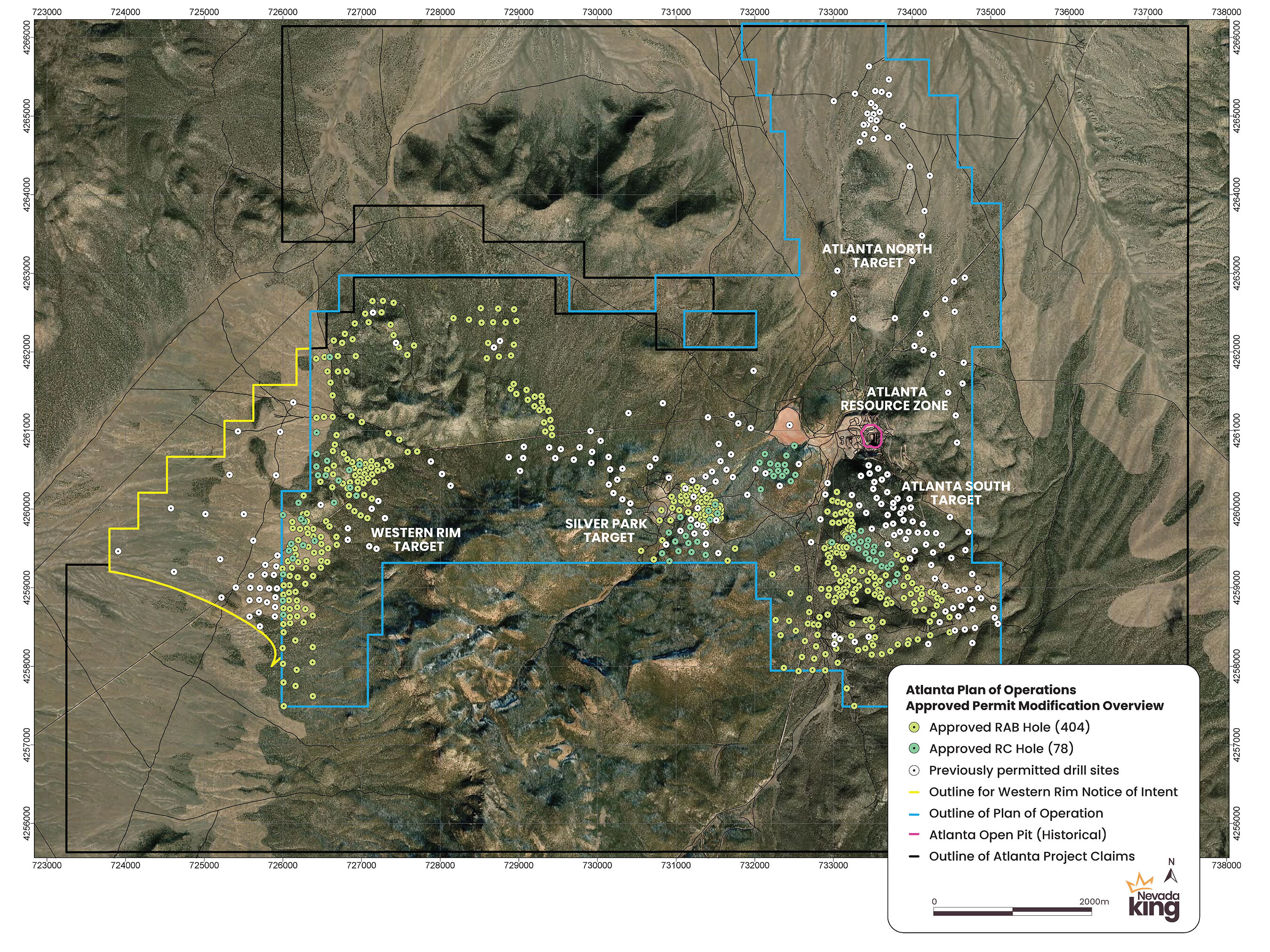 Figure 1. Atlanta property showing newly permitted RC and RAB drill site locations, as well as previously permitted drill site locations.