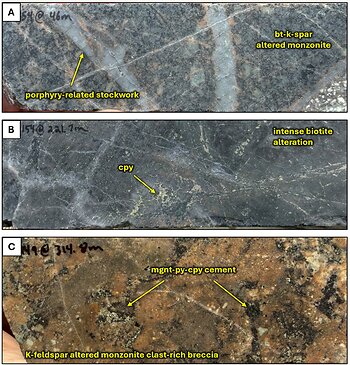 Figure 5. Core photos of Thira drill hole TH25-154 and Camp Lake drill hole TH25-149. A. porphyry-related stockwork cutting biotite-k-feldspar altered monzonite from Thira drill hole TH26-154 at 46.0 meters down hole, B. intense biotite alteration with disseminated and clotted chalcopyrite from Thira drill hole TH26-154 at 221.7 meters down hole, C. potassic altered monzonite clast-rich breccia with magnetite-pyrite-chalcopyrite cement from Camp Lake drill hole TH26-149 at 314.8 meters down hole. Abbreviations: cpy = chalcopyrite, py = pyrite, mgnt = magnetite, bt = biotite, k-spar = potassium feldspar
