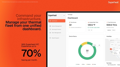 The Superheat dashboard showcasing centralized management of a thermal fleet, with real-time data on device status, water temperature, and Bitcoin mining performance.