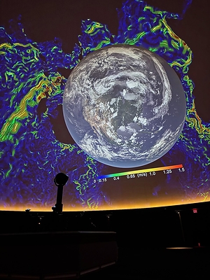 Visual of ocean and wind paths on the screen at the McDonnell Planetarium (part of the Saint Louis Science Center). 