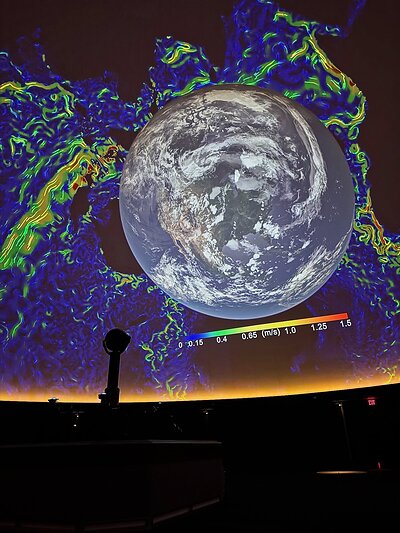 Visual of ocean and wind paths on the screen at the McDonnell Planetarium (part of the Saint Louis Science Center). 