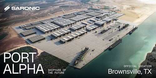 A rendering of Port Alpha, Saronic's next-generation shipyard coming to Brownsville, Texas — a $3B+ investment to rebuild American shipbuilding at scale. A rendering of Port Alpha, Saronic's next-generation shipyard coming to Brownsville, Texas — a $3B+ investment to rebuild American shipbuilding at scale.