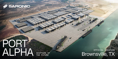A rendering of Port Alpha, Saronic's next-generation shipyard coming to Brownsville, Texas — a $3B+ investment to rebuild American shipbuilding at scale.