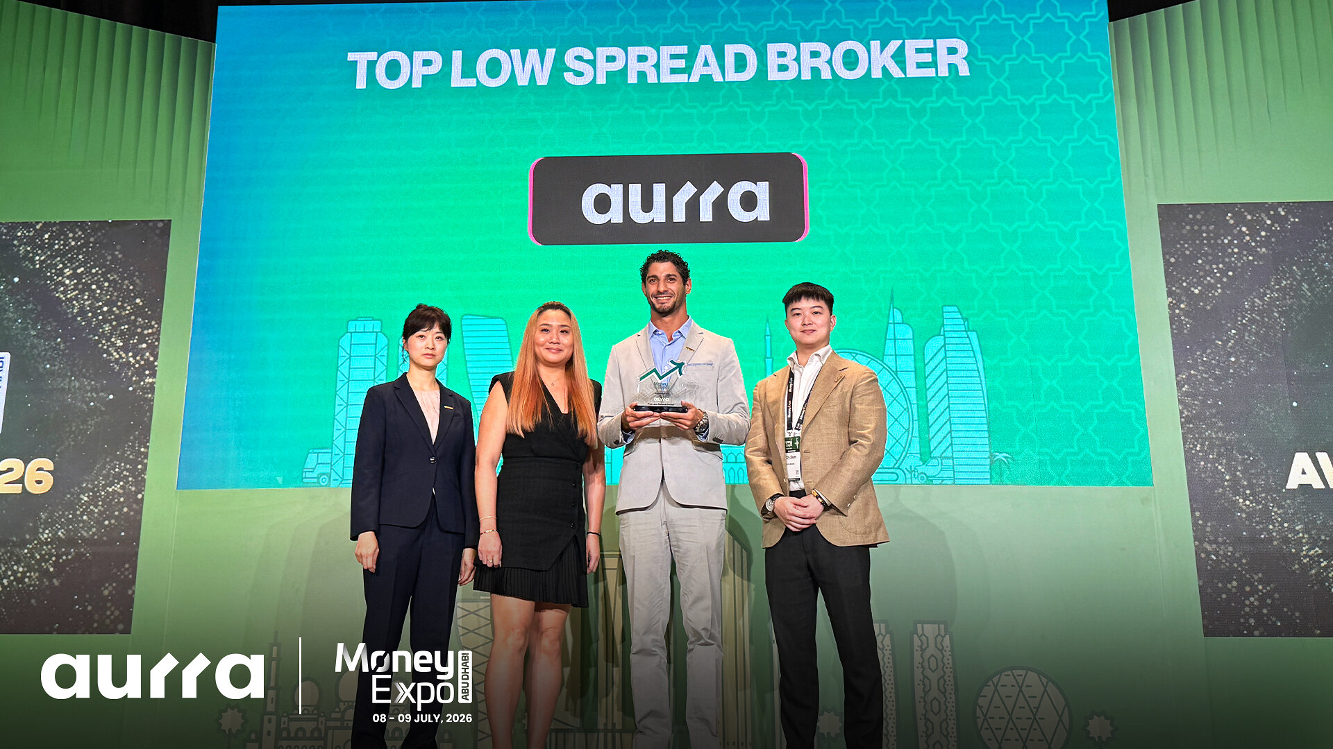 Aurra Markets uitgeroepen tot 'Top Low Spread Forex Broker 2026' tijdens Money Expo Abu Dhabi