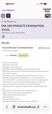 David Ott was finally given the correct test -a Cyclospora screen, that showed he was infected with the parasite Cyclospora.  The parasite does not show up in the standard Ova and Parasite test administered in the United States.  The Cyclospora parasite is most effectively treated with Bactrim or another Sulfa Antibiotic.  Some victims with Sulfa allergies or intolerance, use Ciprofloxacin.  "Cipro" is considered much less effective.
