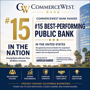 CommerceWest Bank Ranked Among the Top 15 Best-Performing Public Banks in America