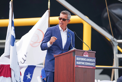 U.S. Department of Transportation Secretary Sean Duffy delivers remarks during the christening ceremony for the fourth National Security Multi-Mission Vessel (NSMV), Lone Star State