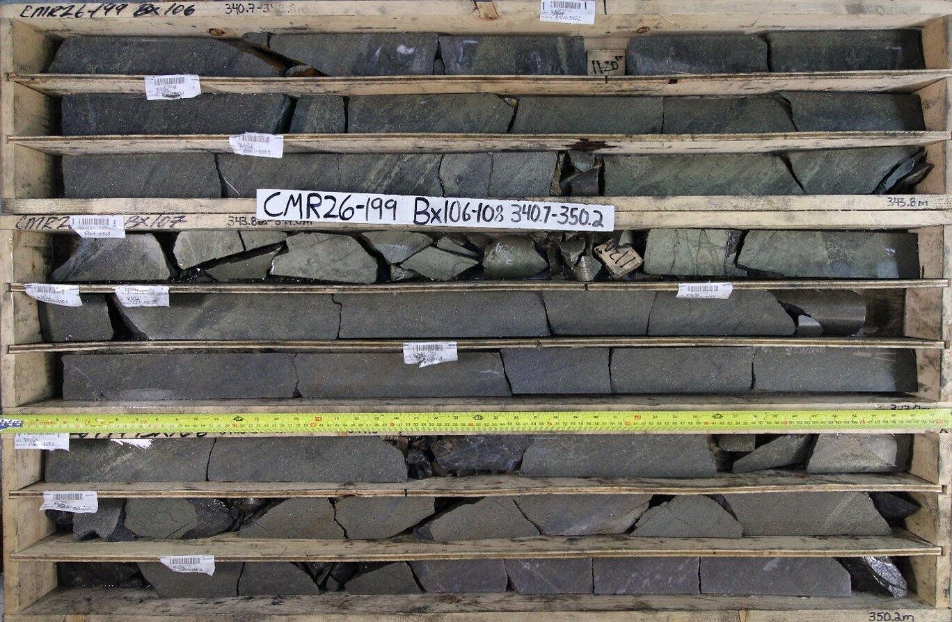 Figure 3: Copper-rich and zinc-rich massive sulphide mineralization from drill hole CMR26-199.[1]