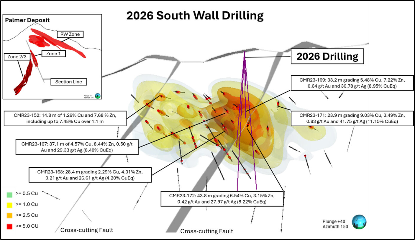 Figure 1: 2026 South Wall drilling showing the location of CMR26-199 and previous drilling. Figure 1: 2026 South Wall drilling showing the location of CMR26-199 and previous drilling.
