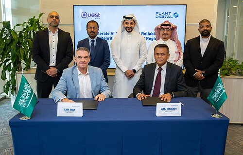 Seated — Oliver Braun, Chief Commercial Officer, Plant.Digital (L) and Suraj R, Global Business Head, Energy & Utilities, Quest Global, and at the back (L to R) — Khalil Sharif, Digital Solutions Sr. Manager, Plant.Digital; Narayanaswamy V N, Vice President MENA, Quest Global; Haider AlHuraifi, Business Development Consultant, Plant.Digital; Abu Omar Mohammed AlArfaj, Plant.Digital; Alaa Malibari, Chief Operation Officer, Plant.Digital This image opens in the lightbox