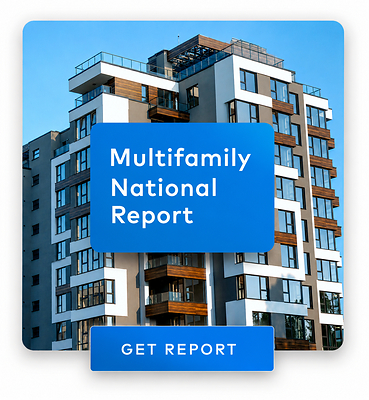 Modern mid-rise apartment building against a blue sky, with a blue overlay card reading Multifamily National Report and a Get Report button.