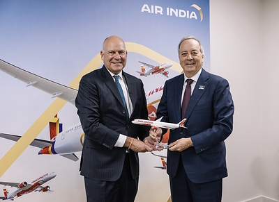 Air India CEO and Managing Director Campbell Wilson with Vantage Group Chair and CEO and JFK Millennium Partners Chair, George Casey, at the signing of the Air India move to JFK Terminal 6.