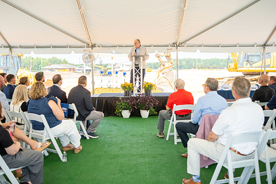 Guests gather under the event tent for the OPW groundbreaking ceremony in Smithfield, North Carolina, as remarks are shared ahead of construction on the company's new manufacturing facility.