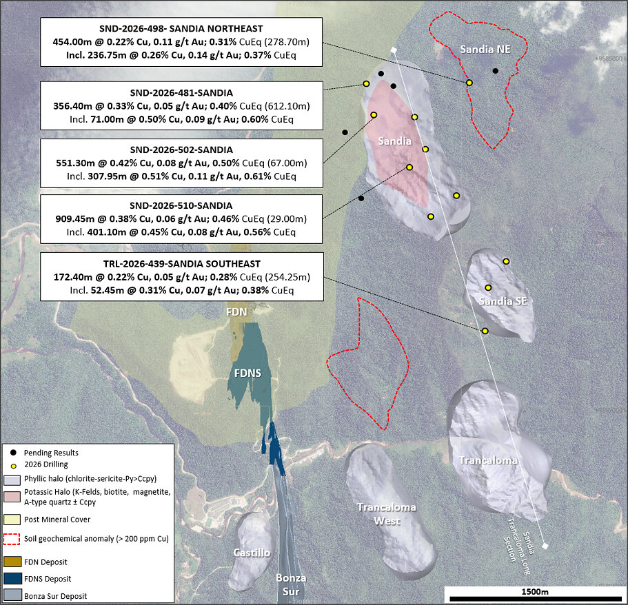 Figure 1: Map showing porphyry discoveries adjacent to FDN; Chontas not shown