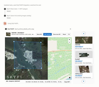 Screenshot demonstrating how SkyFi users can search for and purchase satellite imagery using their preferred AI platform.