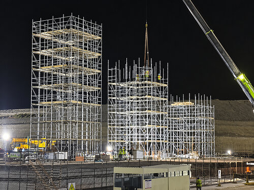 Night-time construction at Dubai's Al Maktoum International Airport project, where Anta Scaffolding is supporting part of the scaffolding works.