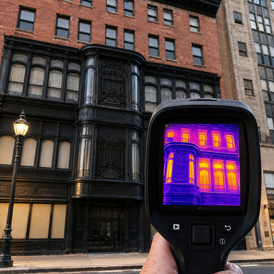 Illustrative image showing thermal-imaging technology used by Moisture Master Pros during building-envelope and moisture investigations. Thermal imaging is used alongside field inspection to help evaluate possible moisture pathways. Image courtesy of Moisture Master Pros.