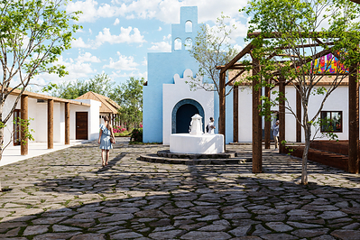 Rendering of the central courtyard at the future Mahahual K’iin Community Center, envisioned as a welcoming space for community connection and events.