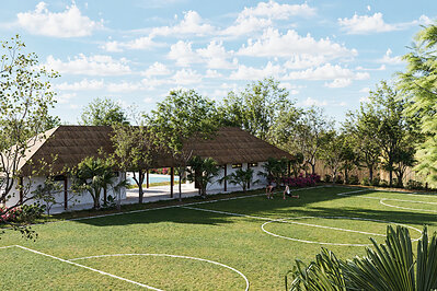 Rendering of the soccer field at the future Mahahual K’iin Community Center.