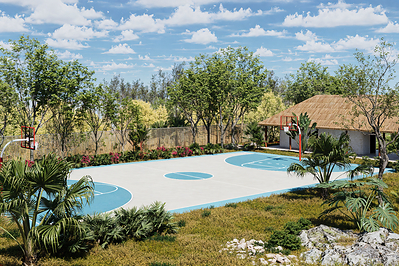 Rendering of the basketball court at the future Mahahual K’iin Community Center.