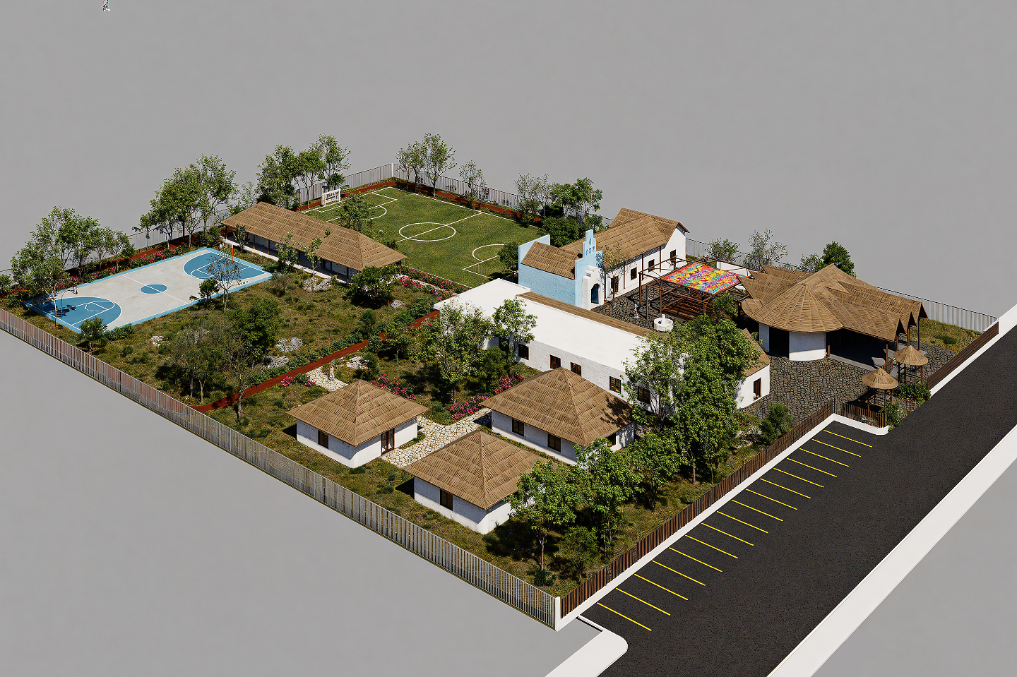 Aerial rendering of the future Mahahual K’iin Community Center, a new gathering space designed to serve residents of Mahahual, Mexico. (Image at LateCruiseNews.com - July 2026)