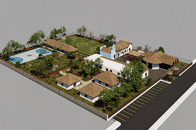 Aerial rendering of the future Mahahual K’iin Community Center, a new gathering space designed to serve residents of Mahahual, Mexico.