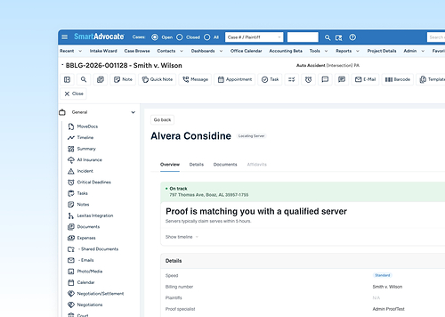 SmartAdvocate dashboard with Proof integration, showing when a law firm is being matched with a qualified process server.