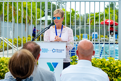 Sheryl Woods, YMCA of South Florida President & CEO, addresses the media during a press conference about water safety at the L.A. Lee YMCA/Mizell Community Center on Wednesday, July 22, 2026, in Fort Lauderdale, Florida.