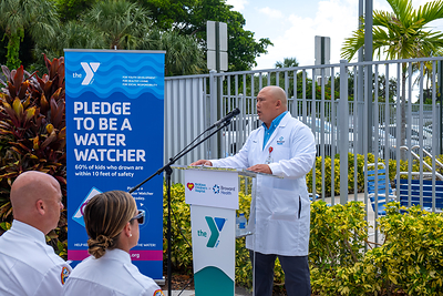 Dr. Gary Lai, Chief of Emergency Medicine at Broward Health Coral Springs, addresses the media during a press conference about water safety at the L.A. Lee YMCA/Mizell Community Center on Wednesday, July 22, 2026, in Fort Lauderdale, Florida.