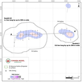 Figure 1. Plan View of Nesbitt Nickel Sulphide Resources. Section A-A’ is shown in Figure 2.