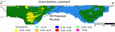 Figure 3. Nesbitt Nickel Sulphide Project Long-Section (Looking North) of Nickel Grade.