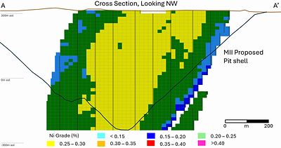 Figure 7. Deloro Nickel Sulphide Project Cross-Section of Nickel Grade. Location of section A-A’ is shown in Figure 5.