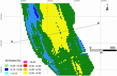 Figure 9. Plan View of the Deloro Block Model showing nickel grade distribution.