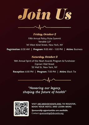 The official invitation schedule for the ABC 16th Annual Spirit of the Heart Awards Program & Fundraiser, taking place October 3, 2026, at Cipriani Wall Street in New York City.