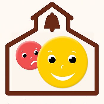 The Smiles & Frowns app icon: a smile face in front of a frown face, both with the outline of a classic schoolhouse.