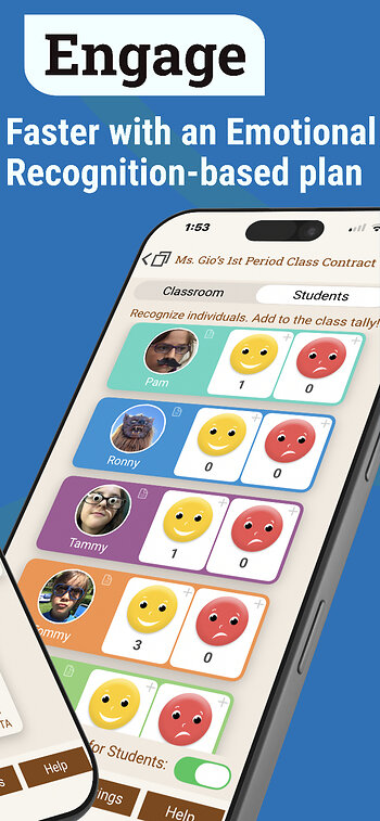 A screen of student images with the Smiles and Frowns they've earned.