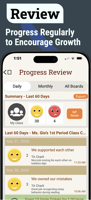 The Smiles & Frowns Classroom review screen showing a history of smiles, frowns, and rewards given.