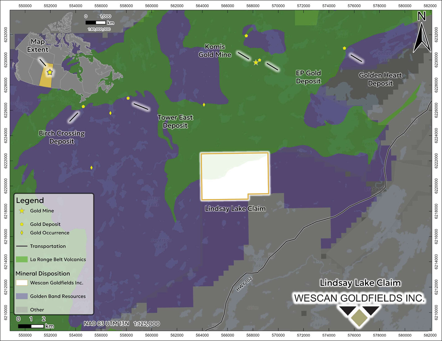Figure 1: Location of the newly staked Lindsay Lake Project relative to the past-producing Komis Gold Mine, within the La Ronge Gold Belt. Figure 1: Location of the newly staked Lindsay Lake Project relative to the past-producing Komis Gold Mine, within the La Ronge Gold Belt.