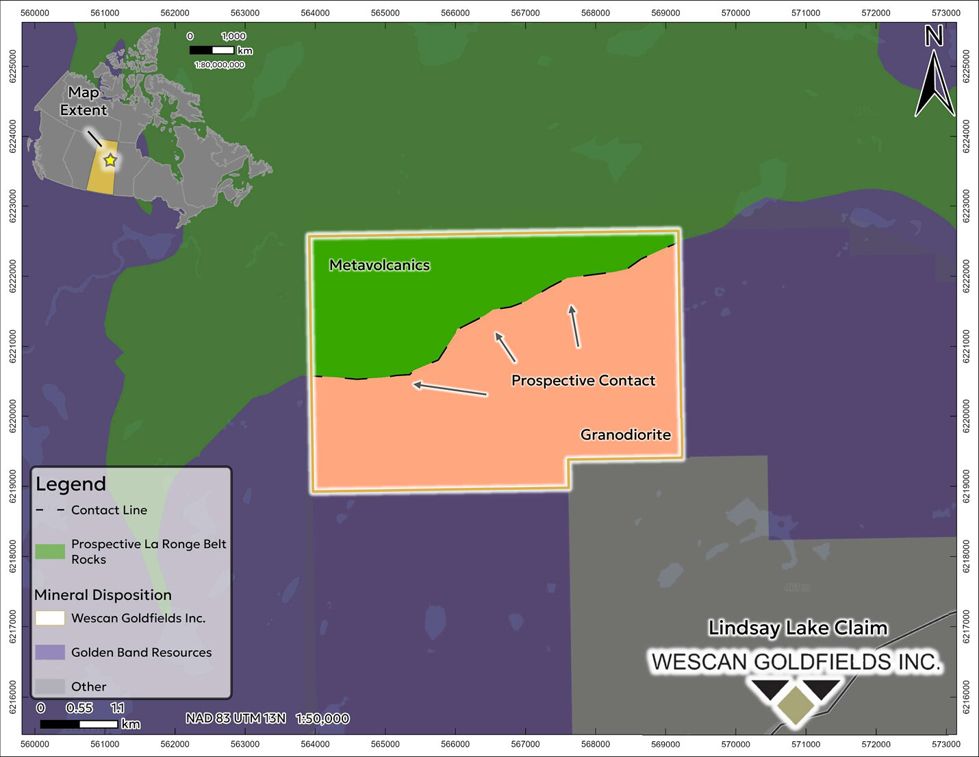 Figure 2: Simplified geology of the Lindsay Lake Project, highlighting the prospective contact between the metavolcanic rocks (La Ronge Belt volcanics) and the granodiorite intrusive. Figure 2: Simplified geology of the Lindsay Lake Project, highlighting the prospective contact between the metavolcanic rocks (La Ronge Belt volcanics) and the granodiorite intrusive.