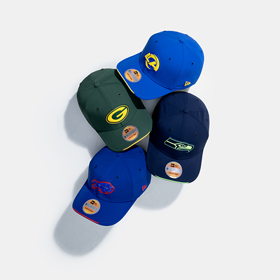New Era 2026 NFL Sidelines Collection featuring 9SEVENTY caps for the Buffalo Bills, Green Bay Packers, Los Angeles Rams and Seattle Seahawks.