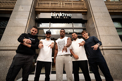 (L-R) Val Share, Co-Founder & COO; Net Kohen, Co-Founder & CEO; Ashton Hall, creator and Link.me power user; Daniel Benlulu, Chief Strategy Officer; and Dre Medici, Co-Founder, outside Link.me's Miami headquarters. The team marks the close of FIFA World Cup 2026, during which Link.me served as FIFA's centralized social destination, growing its connected following past 300 million fans. (Photo: Link.me)