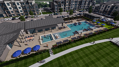 The Collins Apartments clubhouse features a resort-style pool, hot tub, and thoughtfully designed outdoor entertaining spaces.